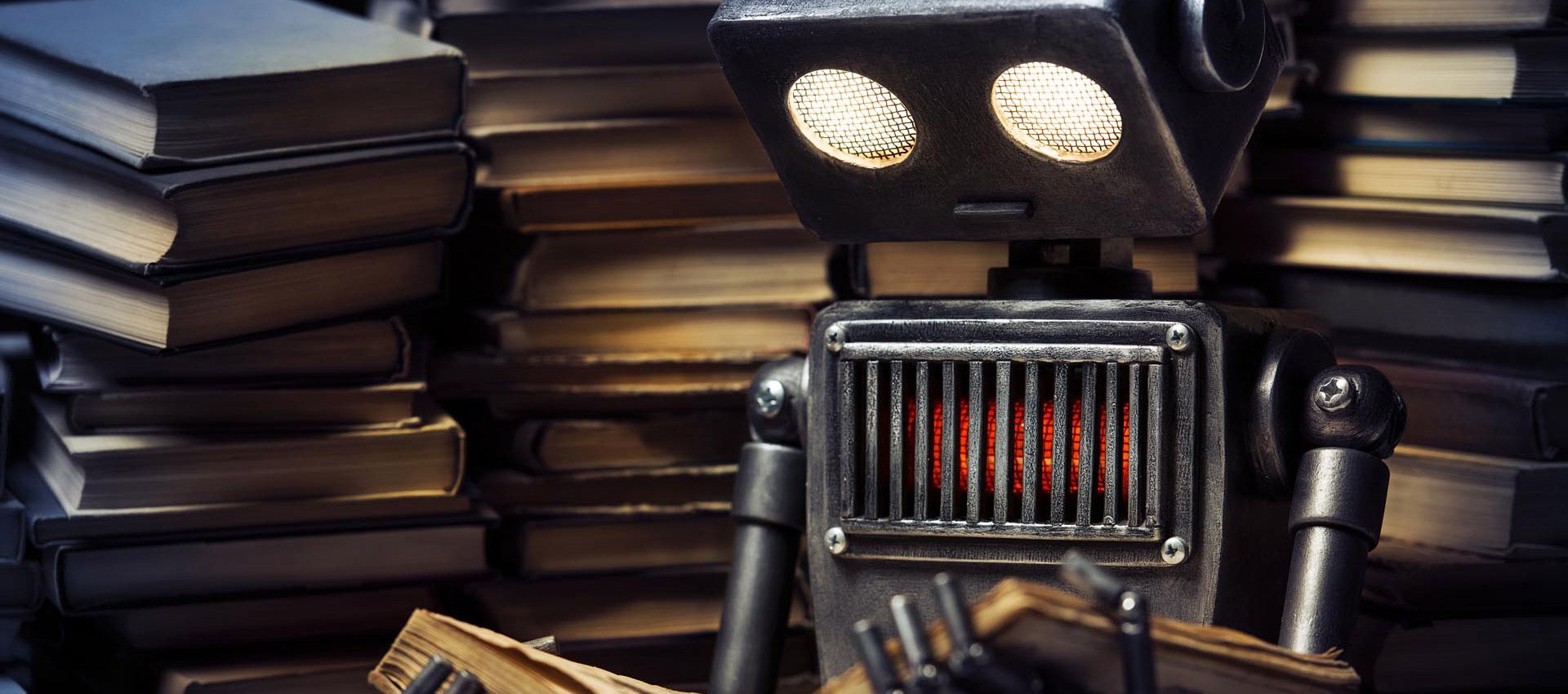 A robot reading among stacks of books